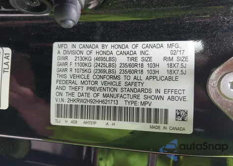 2017 Honda Cr-V Touring from USA, damaged, VIN 2HKRW2H92HH621713